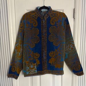 Woven Floral Patterned Jacket - Blue & Mustard